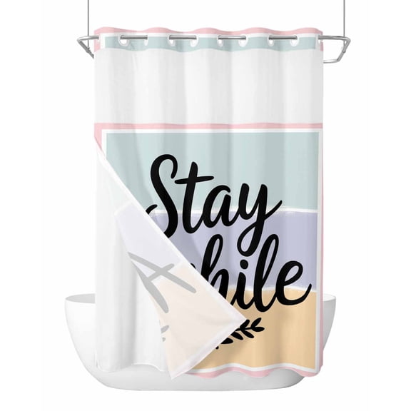 No Hook Cloth Fabric Shower Curtain with Snap in Liner, Stay Awhile Waterproof Shower Curtains Set with See Through Top Window, Wheat Color Block Stripes Aesthetic Bath Curtains Shower 48"x72"