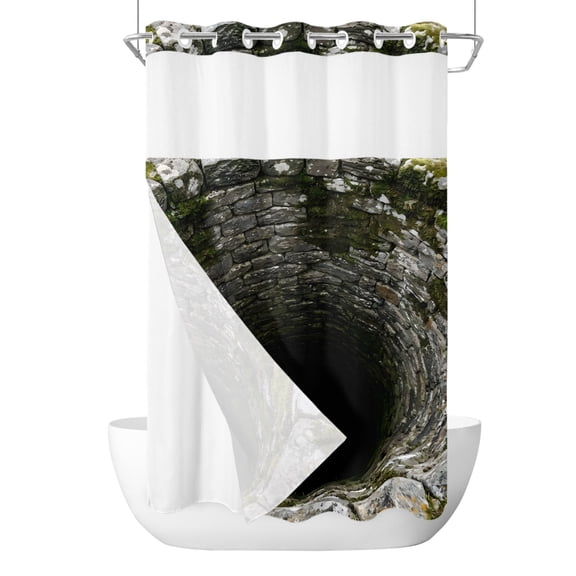 No Hook Cloth Fabric Shower Curtain with Snap in Liner, Stone Well Waterproof Shower Curtains Set with See Through Top Window, Black Mysterious Ancient Well Bath Curtains Shower 36"x78"