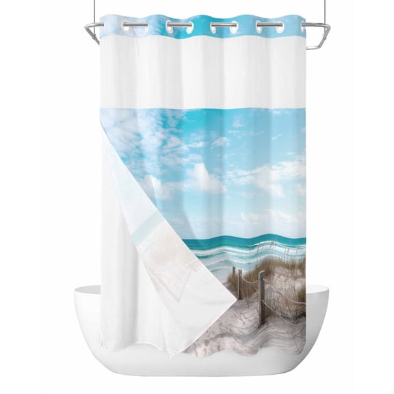 No Hook Cloth Fabric Shower Curtain with Snap in Liner, Summer Beach Waterproof Shower Curtains Set with See Through Top Window, Coastal Ocean Seaside Sky Scenery Bath Curtains Shower 36"x78"