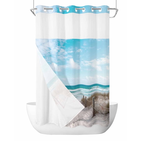 No Hook Cloth Fabric Shower Curtain with Snap in Liner, Summer Beach Waterproof Shower Curtains Set with See Through Top Window, Coastal Ocean Seaside Sky Scenery Bath Curtains Shower 36"x72"