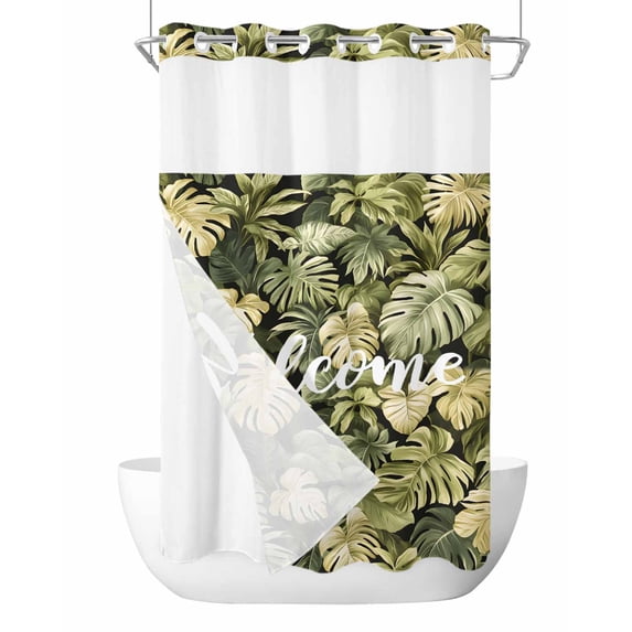 No Hook Cloth Fabric Shower Curtain with Snap in Liner, Summer Green Leaf Waterproof Shower Curtains Set with See Through Top Window, Botanical Watercolor Tropical Plants Bath Curtains Shower 36"x78"