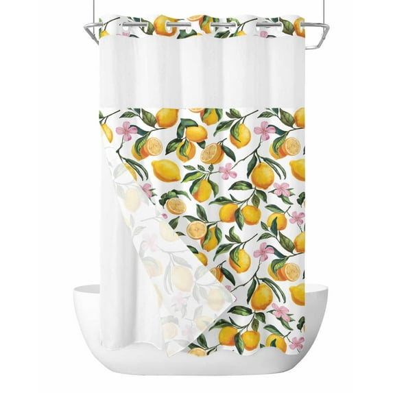 No Hook Cloth Fabric Shower Curtain with Snap in Liner, Summer Lemon Waterproof Shower Curtains Set with See Through Top Window, Farmhouse Botanical Fruit Flowers Bath Curtains Shower 54"x78"