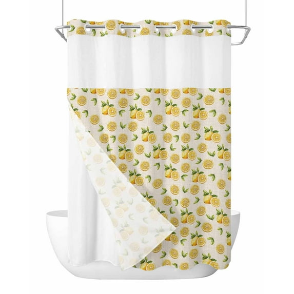 No Hook Cloth Fabric Shower Curtain with Snap in Liner, Summer Lemon Waterproof Shower Curtains Set with See Through Top Window, Yellow Fruit Watercolor Pastoral Beige Bath Curtains Shower 72"x84"