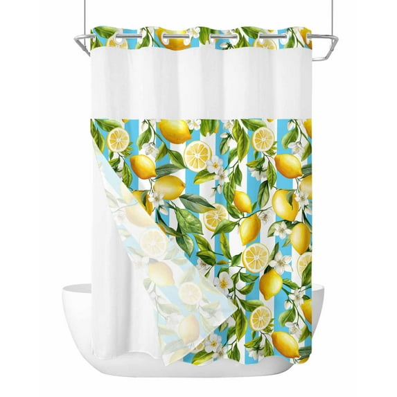 No Hook Cloth Fabric Shower Curtain with Snap in Liner, Summer Lemon Waterproof Shower Curtains Set with See Through Top Window, Yellow Green Watercolor Botanical Aqua Striped Bath Curtains 72"x84"