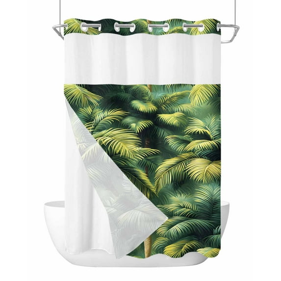 No Hook Cloth Fabric Shower Curtain with Snap in Liner, Summer Palm Tree Waterproof Shower Curtains Set with See Through Top Window, Nature Green Tropical Plant Leaves Bath Curtains Shower 72"x96"