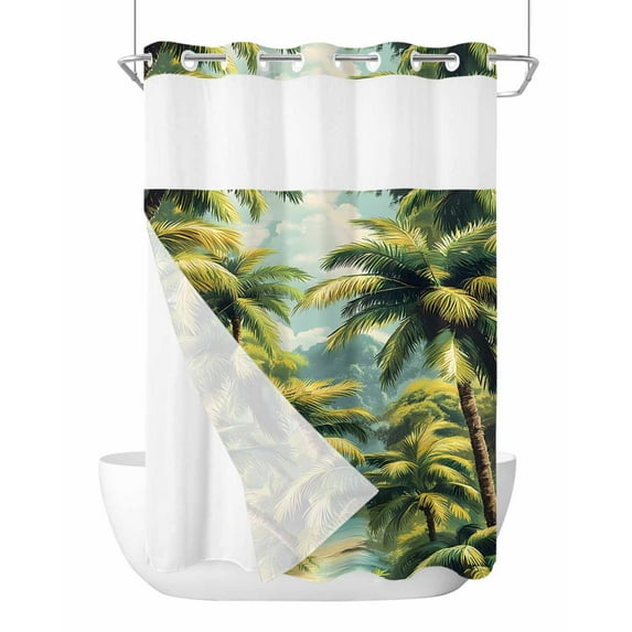 No Hook Cloth Fabric Shower Curtain with Snap in Liner, Summer Palm Trees Waterproof Shower Curtains Set with See Through Top Window, Watercolor Green Nature Forest Bath Curtains Shower 72"x84"