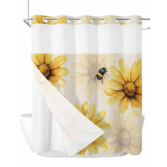 No Hook Cloth Fabric Shower Curtain with Snap in Liner, Summer Sunflower Waterproof Shower Curtains Set with See Through Top Window, Bee Beige Vintage Pastoral Plants Bath Curtains Shower 66"x72"