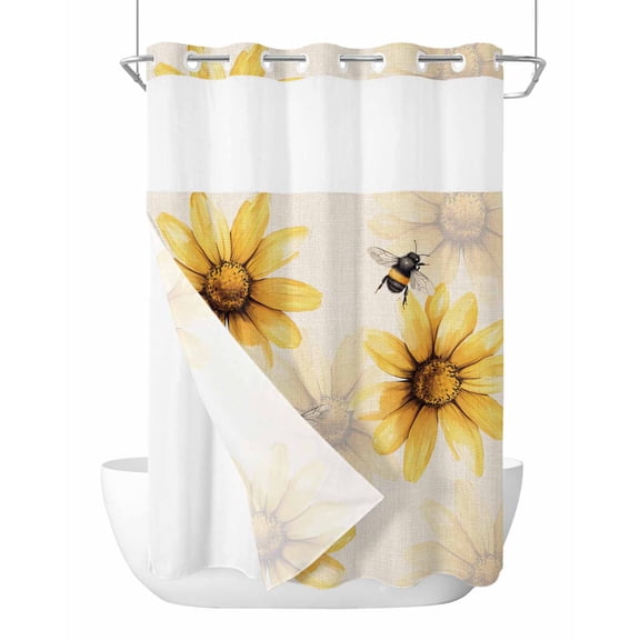 No Hook Cloth Fabric Shower Curtain with Snap in Liner, Summer Sunflower Waterproof Shower Curtains Set with See Through Top Window, Bee Beige Vintage Pastoral Plants Bath Curtains Shower 72"x84"