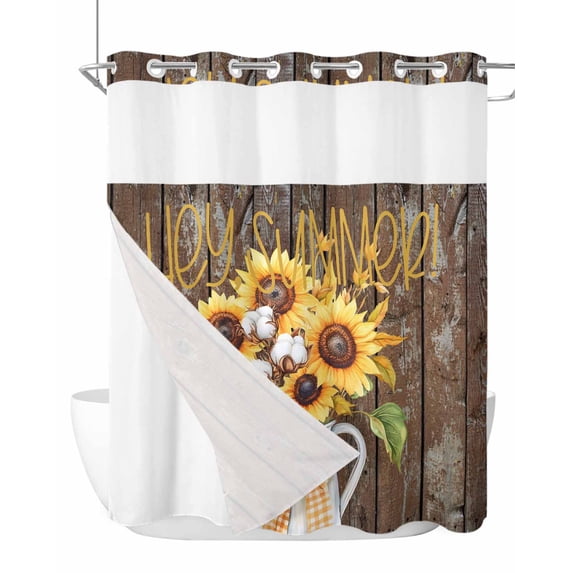 No Hook Cloth Fabric Shower Curtain with Snap in Liner, Summer Sunflowers Waterproof Shower Curtains Set with See Through Top Window, Blossoming Botanical Florals Wooden Bath Curtains Shower 72"x72"