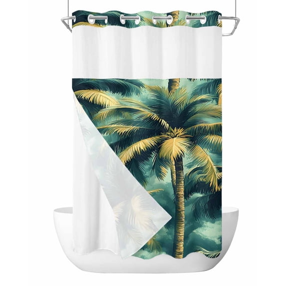 No Hook Cloth Fabric Shower Curtain with Snap in Liner, Summer Trees Waterproof Shower Curtains Set with See Through Top Window, Farmhouse Botanical Palm Forest Plants Bath Curtains Shower 54"x78"