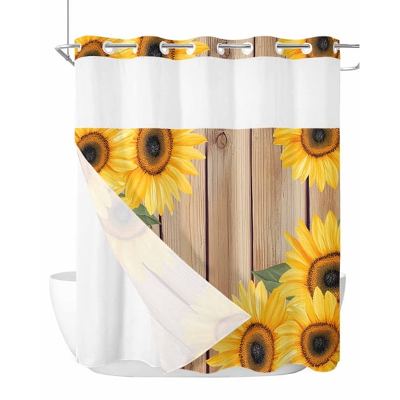No Hook Cloth Fabric Shower Curtain with Snap in Liner, Sunflower Farmhouse Waterproof Shower Curtains Set with See Through Top Window, Spring Summer Retro Floral Wooden Bath Curtains Shower 72"x72"