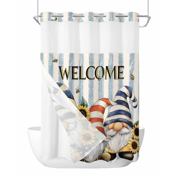 No Hook Cloth Fabric Shower Curtain with Snap in Liner, Sunflower Gnomes Waterproof Shower Curtains Set with See Through Top Window, Farmhouse Striped Bee Yellow Summer Flower Bath Curtains 48"x72"
