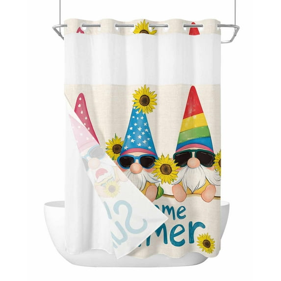 No Hook Cloth Fabric Shower Curtain with Snap in Liner, Sunflower Gnomes Waterproof Shower Curtains Set with See Through Top Window, Farmhouse Yellow Red Blue Rustic Bath Curtains Shower 72"x84"