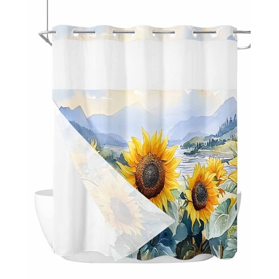 No Hook Cloth Fabric Shower Curtain with Snap in Liner, Sunflower Summer Waterproof Shower Curtains Set with See Through Top Window, Vintage Farmhouse Field Floral Bath Curtains Shower 72"x72"