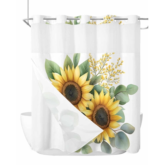 No Hook Cloth Fabric Shower Curtain with Snap in Liner, Sunflower Waterproof Shower Curtains Set with See Through Top Window, Aesthetic Floral Plant Chic Green Eucalyptus Bath Curtains Shower 72"x72"