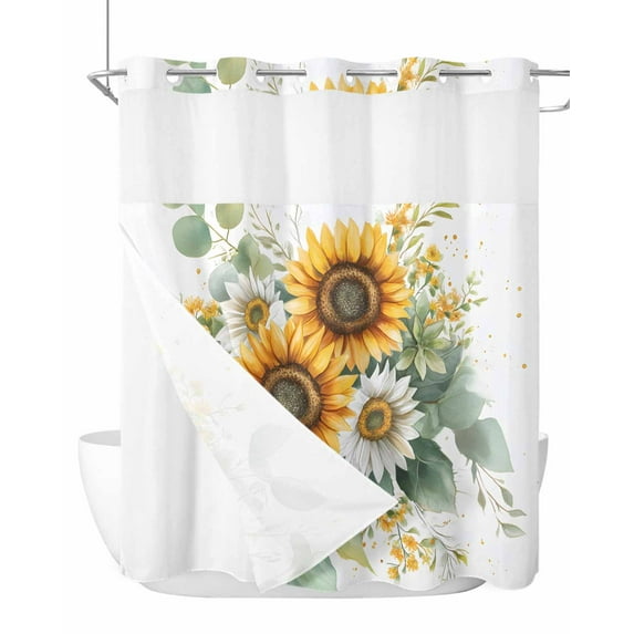 No Hook Cloth Fabric Shower Curtain with Snap in Liner, Sunflower Waterproof Shower Curtains Set with See Through Top Window, Eucalyptus Leaves Botanical Farm Floral Bath Curtains Shower 72"x72"