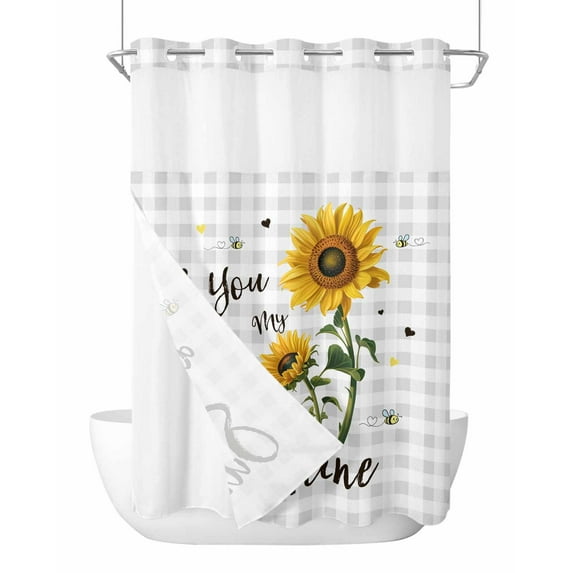 No Hook Cloth Fabric Shower Curtain with Snap in Liner, Sunflower Waterproof Shower Curtains Set with See Through Top Window, Grey Plaid You Are My Sunshine Farmhouse Bath Curtains Shower 60"x72"
