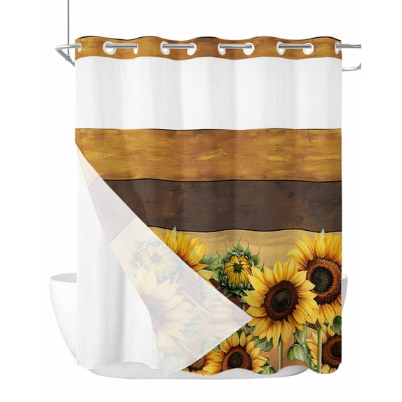 No Hook Cloth Fabric Shower Curtain with Snap in Liner, Sunflower Waterproof Shower Curtains Set with See Through Top Window, Summer Botanical Floral Blooming Vintage Bath Curtains Shower 72"x78"