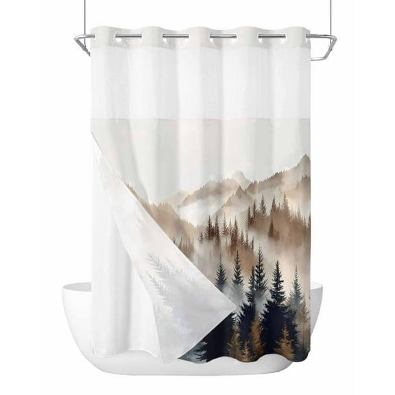 No Hook Cloth Fabric Shower Curtain with Snap in Liner, Tan Trees Forest Waterproof Shower Curtains Set with See Through Top Window, Mountain Woods Natural Scenery Bath Curtains Shower 60"x72"