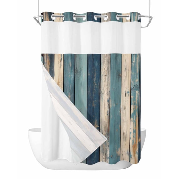 No Hook Cloth Fabric Shower Curtain with Snap in Liner, Teal Beige Stripe Waterproof Shower Curtains Set with See Through Top Window, Farmhouse Vintage Wooden Grain Bath Curtains Shower 60"x72"
