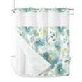 thumbnail image 1 of No Hook Cloth Fabric Shower Curtain with Snap in Liner, Teal Blue Flower Waterproof Shower Curtains Set with See Through Top Window, Abstract Garden Botanical Leaves Bath Curtains Shower 72"x72", 1 of 6