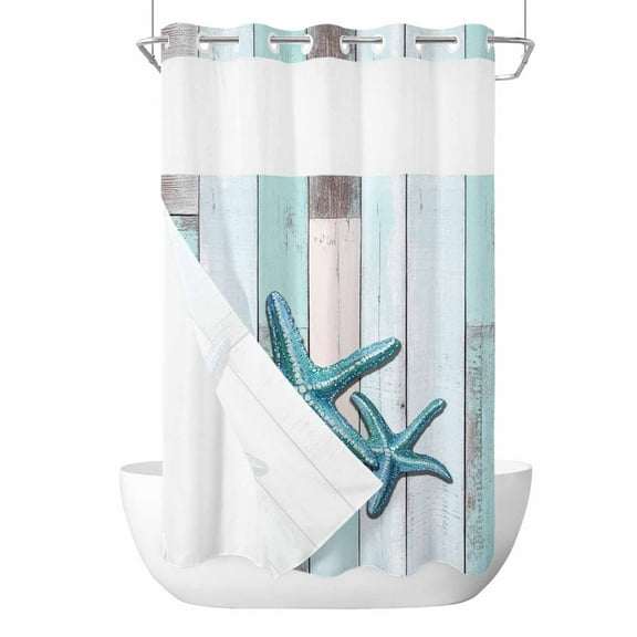 No Hook Cloth Fabric Shower Curtain with Snap in Liner, Teal Blue Starfish Waterproof Shower Curtains Set with See Through Top Window, Summer Beach Coastal Retro Wooden Bath Curtains Shower 36"x78"