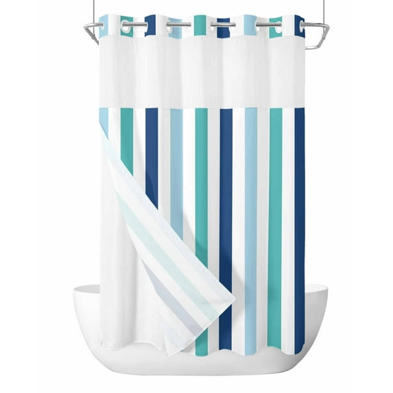 No Hook Cloth Fabric Shower Curtain with Snap in Liner, Teal Blue Stripe Waterproof Shower Curtains Set with See Through Top Window, Ombre Geometric Green Vertical Striped Bath Curtains 36"x78"