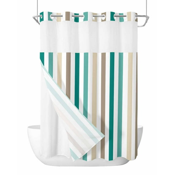 No Hook Cloth Fabric Shower Curtain with Snap in Liner, Teal Brown Stripe Waterproof Shower Curtains Set with See Through Top Window, Gradient Geometric Vertical Striped Bath Curtains Shower 48"x72"