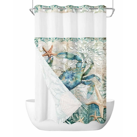 No Hook Cloth Fabric Shower Curtain with Snap in Liner, Teal Coastal Crab Waterproof Shower Curtains Set with See Through Top Window, Vintage Summer Beach Nautical Coral Bath Curtains Shower 36"x78"
