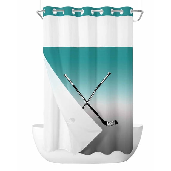No Hook Cloth Fabric Shower Curtain with Snap in Liner, Teal Gray Ombre Waterproof Shower Curtains Set with See Through Top Window, Black Hockey Sticks Minimalist Style Bath Curtains Shower 36"x78"