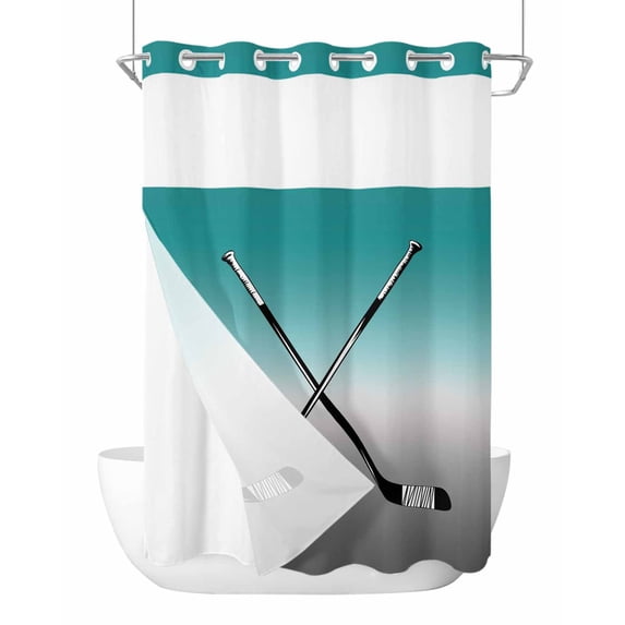 No Hook Cloth Fabric Shower Curtain with Snap in Liner, Teal Gray Ombre Waterproof Shower Curtains Set with See Through Top Window, Black Hockey Sticks Minimalist Style Bath Curtains Shower 48"x72"