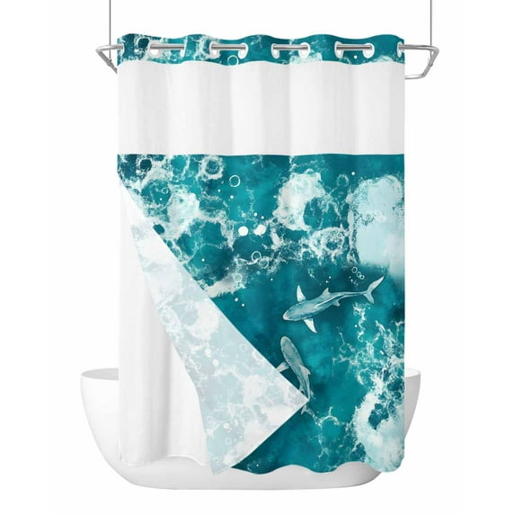 No Hook Cloth Fabric Shower Curtain with Snap in Liner, Teal Green Ocean Shark Waterproof Shower Curtains Set with See Through Top Window, Coastal Wave Summer Beach Bath Curtains Shower 48"x72"