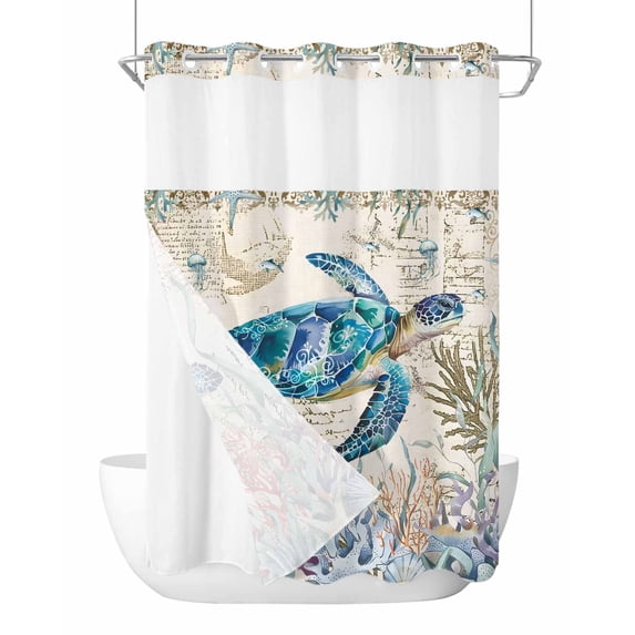 No Hook Cloth Fabric Shower Curtain with Snap in Liner, Teal Sea Turtle Coastal Waterproof Shower Curtains Set with See Through Top Window, Retro Ocean Summer Beach Coral Bath Curtains Shower 48"x72"