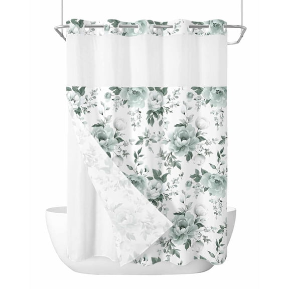 No Hook Cloth Fabric Shower Curtain with Snap in Liner, Teal Spring Floral Waterproof Shower Curtains Set with See Through Top Window, Pastoral Flowers Watercolor Bath Curtains Shower 72"x84"