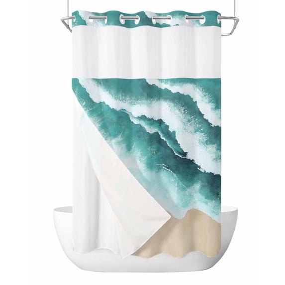 No Hook Cloth Fabric Shower Curtain with Snap in Liner, Teal Waves Coastal Waterproof Shower Curtains Set with See Through Top Window, Summer Beach Nautical Ocean Sea Bath Curtains Shower 36"x78"