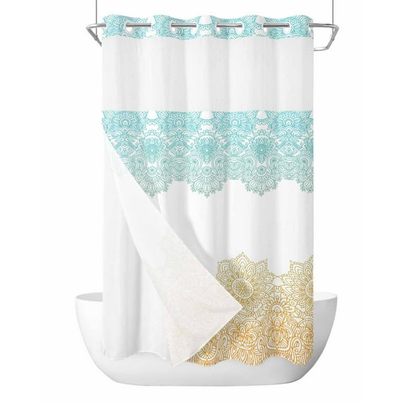 No Hook Cloth Fabric Shower Curtain with Snap in Liner, Teal Yellow Boho Waterproof Shower Curtains Set with See Through Top Window, Vintage Ethnic Tribe Abstract Art Bath Curtains Shower 36"x78"