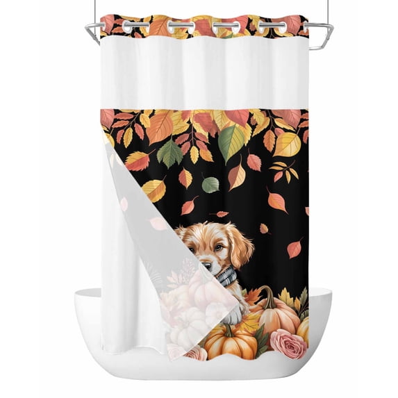 No Hook Cloth Fabric Shower Curtain with Snap in Liner, Thanksgiving Dog Waterproof Shower Curtains Set with See Through Top Window, Fall Pumpkins Leaves Flowers Rustic Bath Curtains Shower 54"x78"