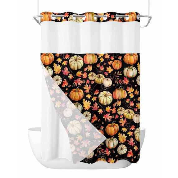 No Hook Cloth Fabric Shower Curtain with Snap in Liner, Thanksgiving Pumpkins Waterproof Shower Curtains Set with See Through Top Window, Fall Maple Leaves Black Retro Country Bath Curtains 60"x72"