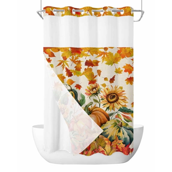 No Hook Cloth Fabric Shower Curtain with Snap in Liner, Thanksgiving Waterproof Shower Curtains Set with See Through Top Window, Vintage Pumpkin Autumn Sunflower Maple Leaf Bath Curtains 36"x78"