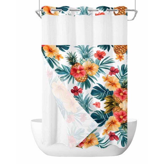 No Hook Cloth Fabric Shower Curtain with Snap in Liner, Tropical Leaves Floral Waterproof Shower Curtains Set with See Through Top Window, Summer Pineapple Flowers Bath Curtains Shower 36"x72"