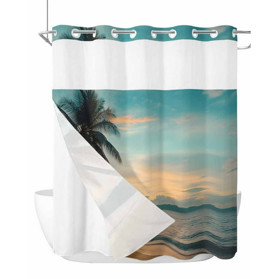 No Hook Cloth Fabric Shower Curtain with Snap in Liner, Tropical Palm Waterproof Shower Curtains Set with See Through Top Window, Coastal Sunset Tree Branch Ocean Bath Curtains Shower 66"x72"