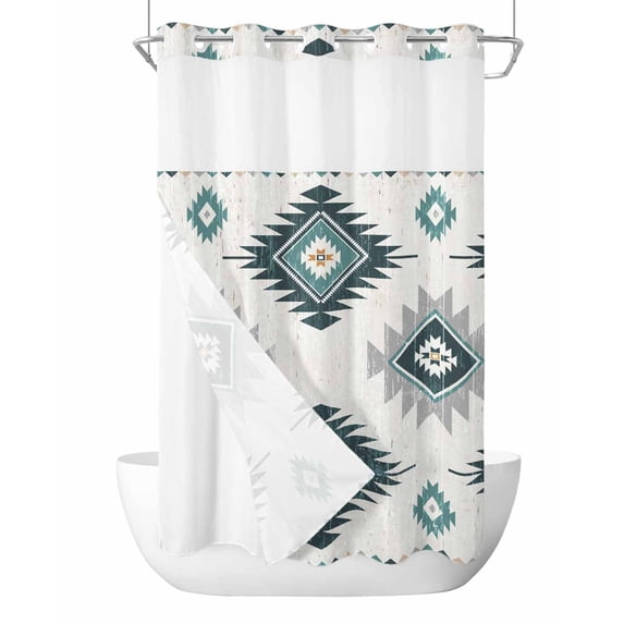 No Hook Cloth Fabric Shower Curtain with Snap in Liner, Turquoise Aztec Waterproof Shower Curtains Set with See Through Top Window, Bohemian Southwest Neutral Aesthetic Bath Curtains Shower 36"x72"