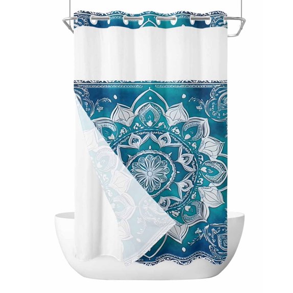 No Hook Cloth Fabric Shower Curtain with Snap in Liner, Turquoise Boho Waterproof Shower Curtains Set with See Through Top Window, Ethnic Country Abstract Floral Aesthetic Bath Curtains 36"x78"