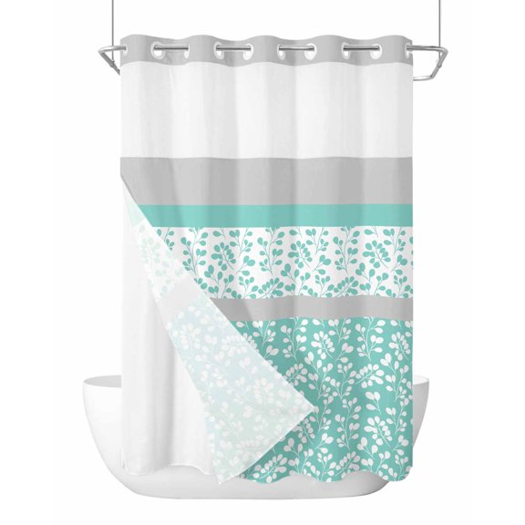 No Hook Cloth Fabric Shower Curtain with Snap in Liner, Turquoise Floral Waterproof Shower Curtains Set with See Through Top Window, Botanical Blossom Motif Boho Grey Stripes Bath Curtains 60"x72"