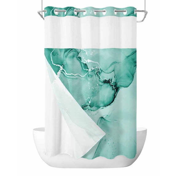 No Hook Cloth Fabric Shower Curtain with Snap in Liner, Turquoise Marble Waterproof Shower Curtains Set with See Through Top Window, Nature Marble Stone Ripple Modern Art Bath Curtains Shower 54"x78"