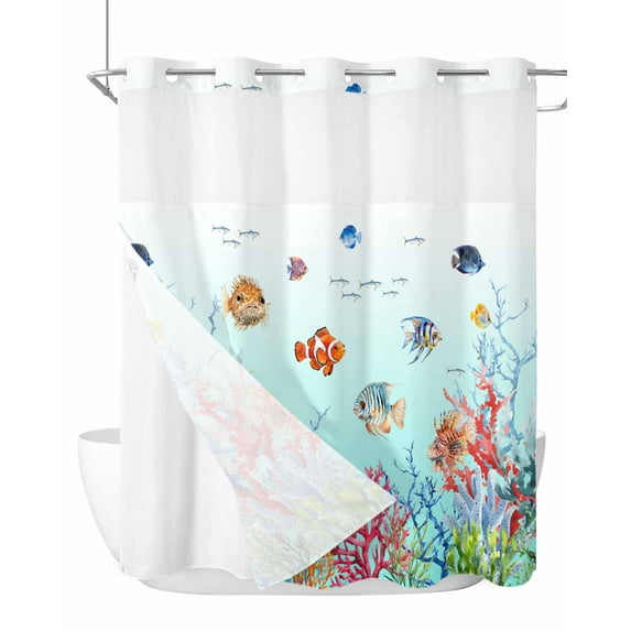 No Hook Cloth Fabric Shower Curtain with Snap in Liner, Turquoise Ocean Life Waterproof Shower Curtains Set with See Through Top Window, Summer Coastal Coral Fishes Bath Curtains Shower 66"x72"