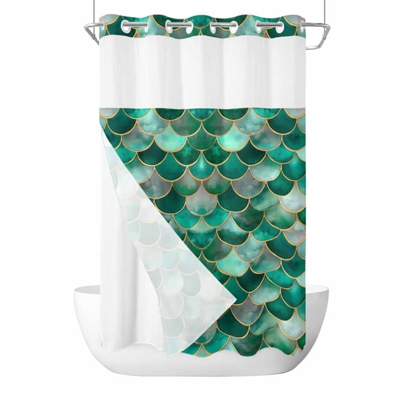 No Hook Cloth Fabric Shower Curtain with Snap in Liner, Turquoise Ombre Scale Waterproof Shower Curtains Set with See Through Top Window, Abstract Art Ocean Coastal Bath Curtains Shower 54"x78"