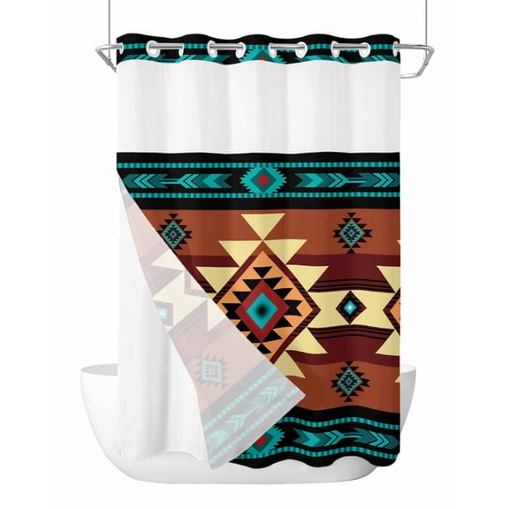 No Hook Cloth Fabric Shower Curtain with Snap in Liner, Turquoise Red Waterproof Shower Curtains Set with See Through Top Window, Southwest American Native Abstract Pattern Bath Curtains 60"x72"