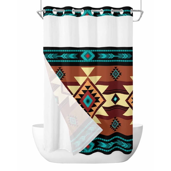 No Hook Cloth Fabric Shower Curtain with Snap in Liner, Turquoise Red Waterproof Shower Curtains Set with See Through Top Window, Southwest American Native Abstract Pattern Bath Curtains 54"x78"