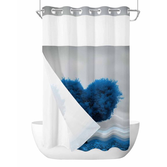 No Hook Cloth Fabric Shower Curtain with Snap in Liner, Valentine's Day Waterproof Shower Curtains Set with See Through Top Window, Blue Heart Love Trees Romance Spring Bath Curtains Shower 36"x72"